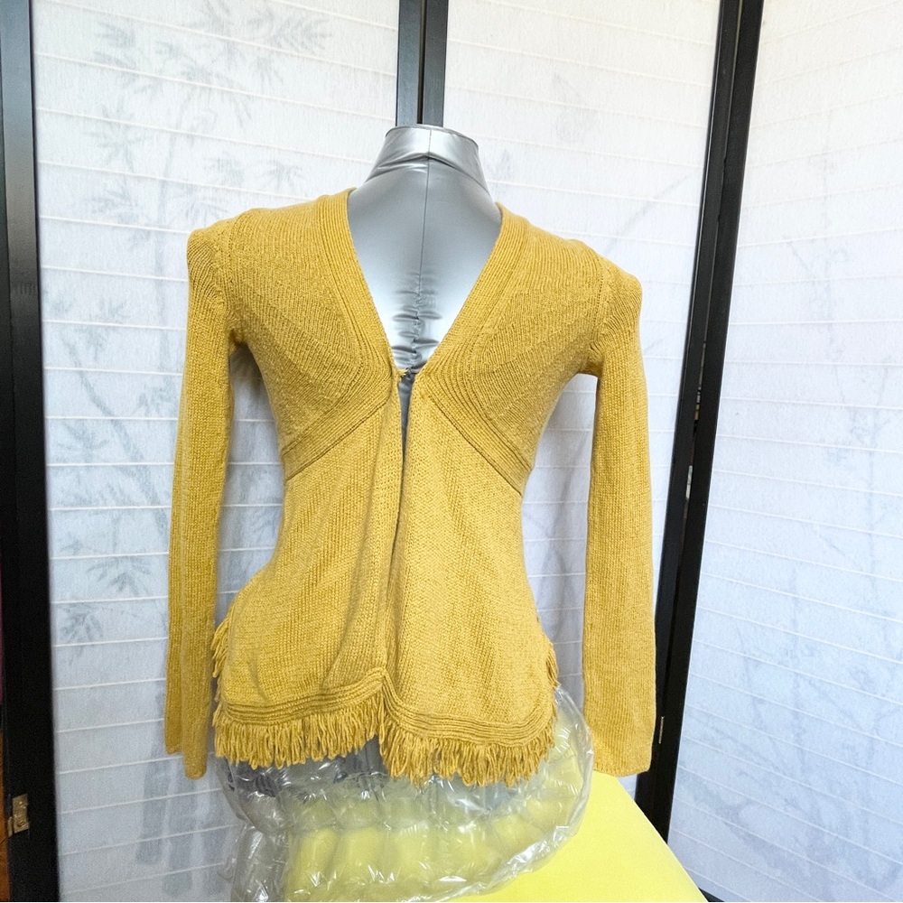 Anthropologie Sparrow Cardigan Fringe, Gold Mustard, multiple knit patterns, XS